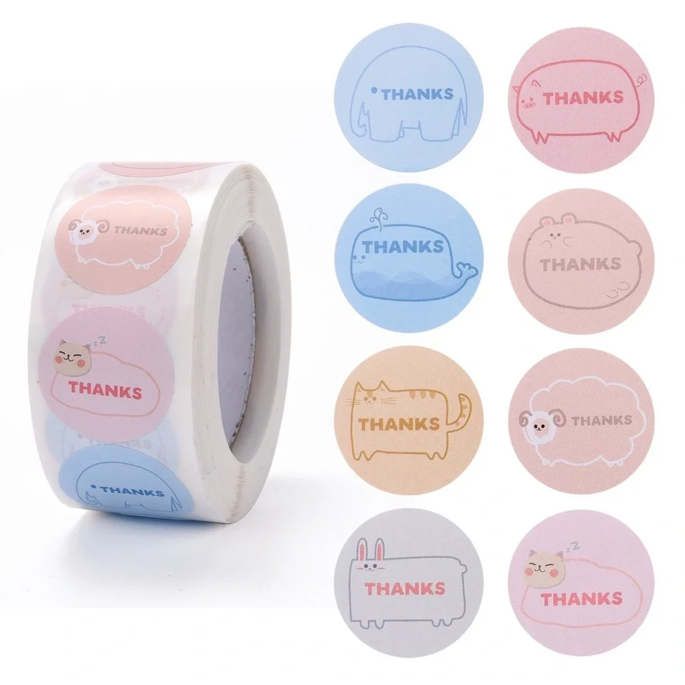 500 Cute Animal Thank You Stickers Roll